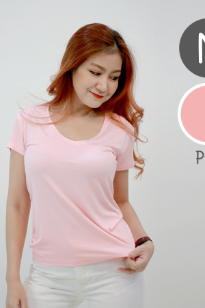 เสื้อยืดคอวี สีชมพู - ไซส์ M